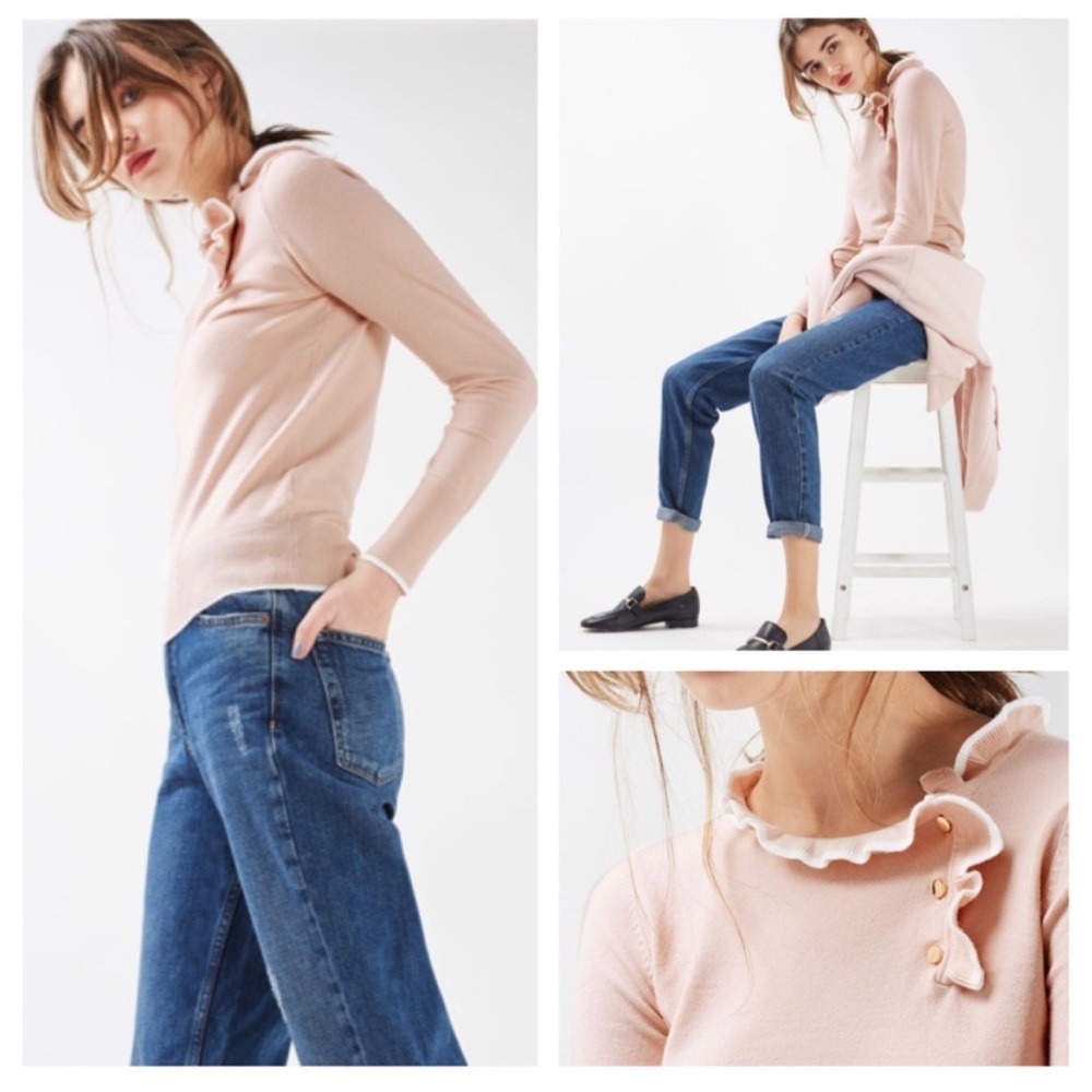 Topshop Tipped Button Frill Knitted Top Sweater